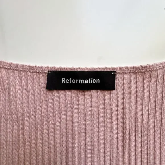 Reformation Cap-Sleeve Ribbed Knit Square Neck Blush Pink Bardot Top Small - Picture 4 of 9